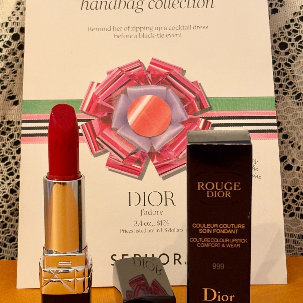 Dior Rouge #999Lipstick in Bold Red &Perfume Sample Sheet Set